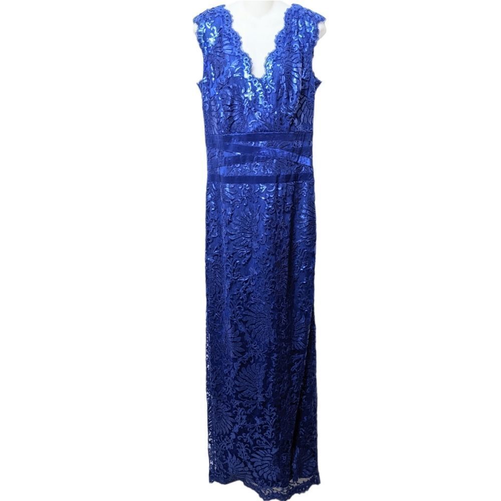 TADASHI SHOJI Paillette Embroidered Lace Banded Waist V-Neck Gown 14 - Picture 3 of 12